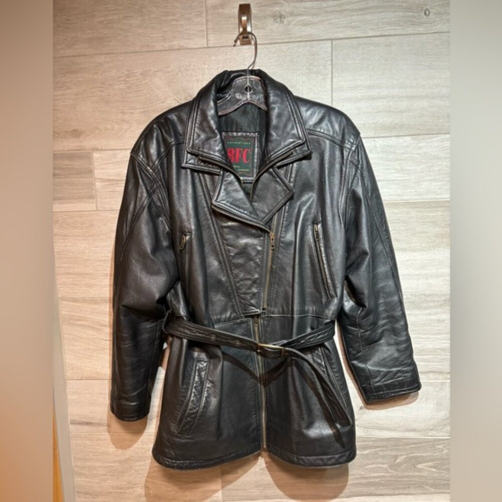 Vintage black leather belted moto jacket - made in Canada size large